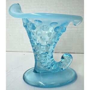Fenton Blue Opalescent Hobnail Glass Cornucopia 4 In Candy Dish Candle Holder